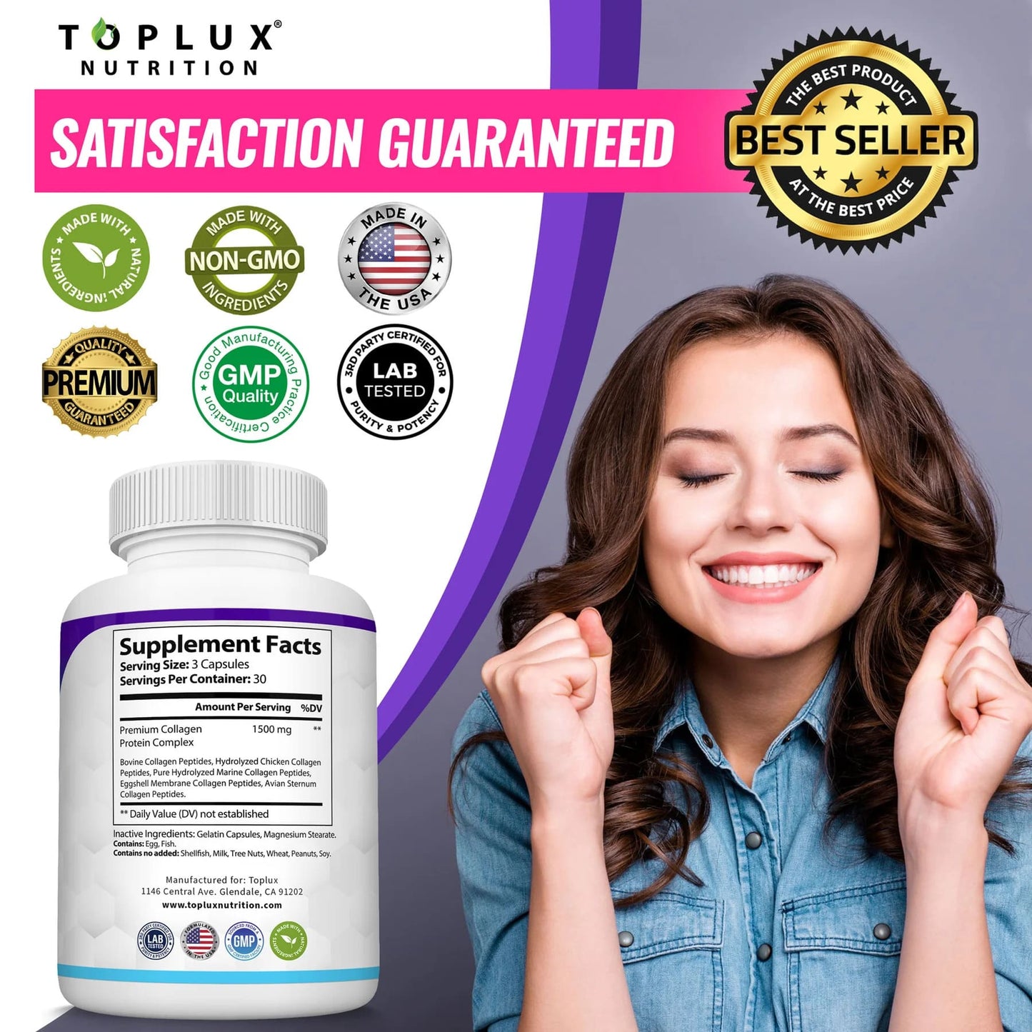 Collagen Peptides 5 Types Complex 1800mg US Made Dietary Supplement for Health Beauty Fitness 90 Capsules