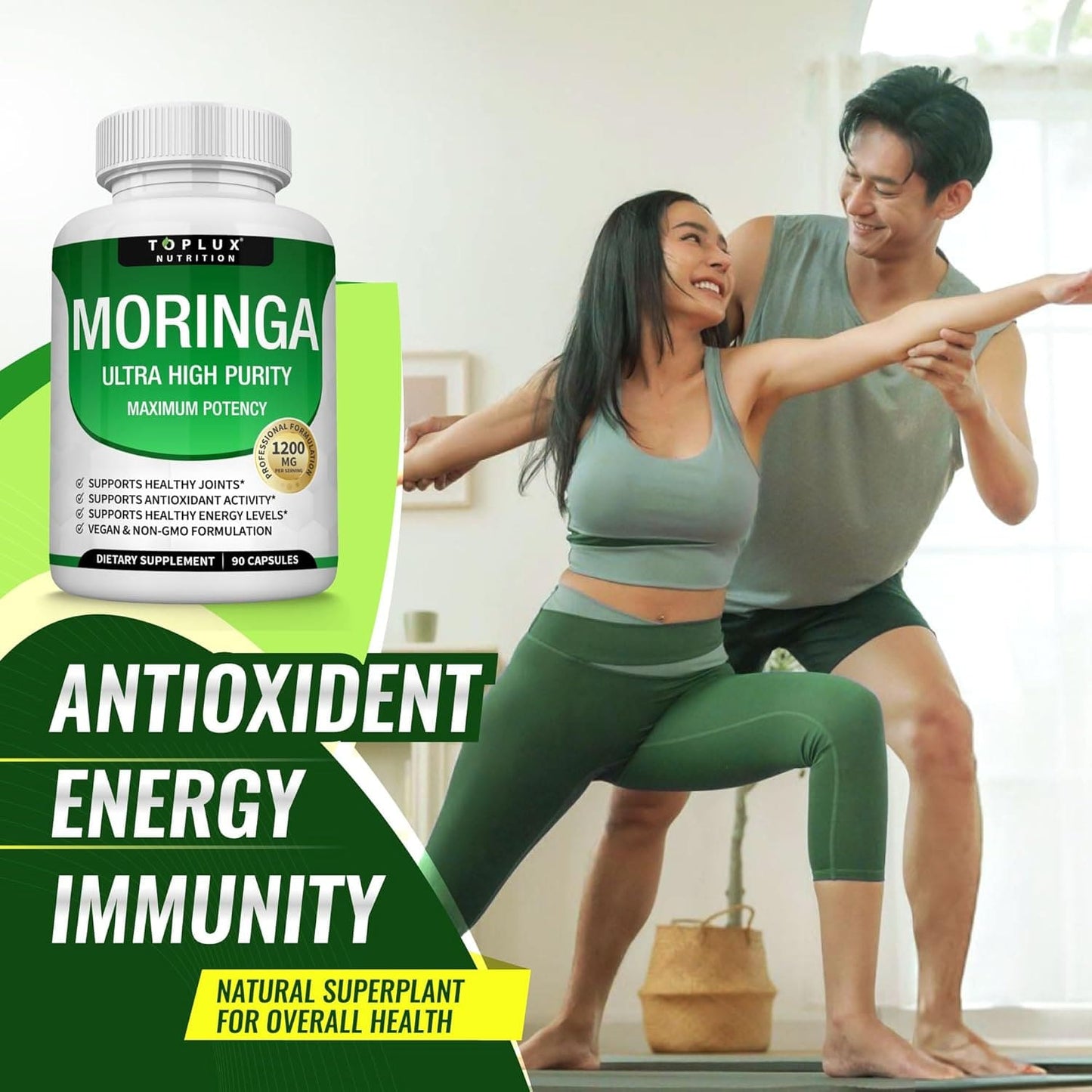 Moringa Capsules 1200mg - Pure Moringa Powder for Immune, Gut health 90 Capsules
