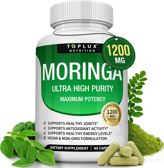 Moringa Capsules 1200mg - Pure Moringa Powder for Immune, Gut health 90 Capsules