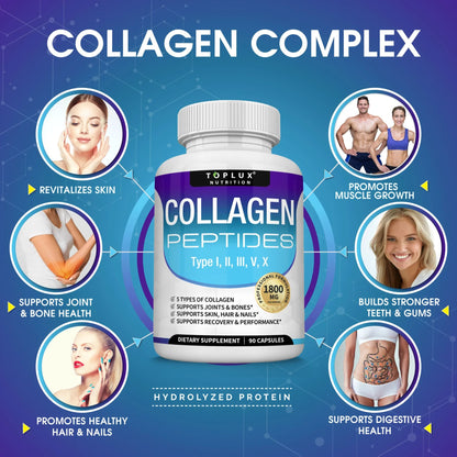 Collagen Peptides 5 Types Complex 1800mg US Made Dietary Supplement for Health Beauty Fitness 90 Capsules