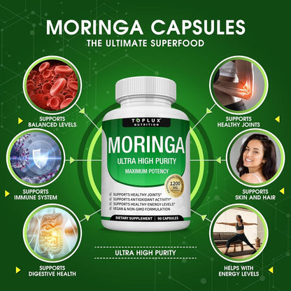 Moringa Capsules 1200mg - Pure Moringa Powder for Immune, Gut health 90 Capsules