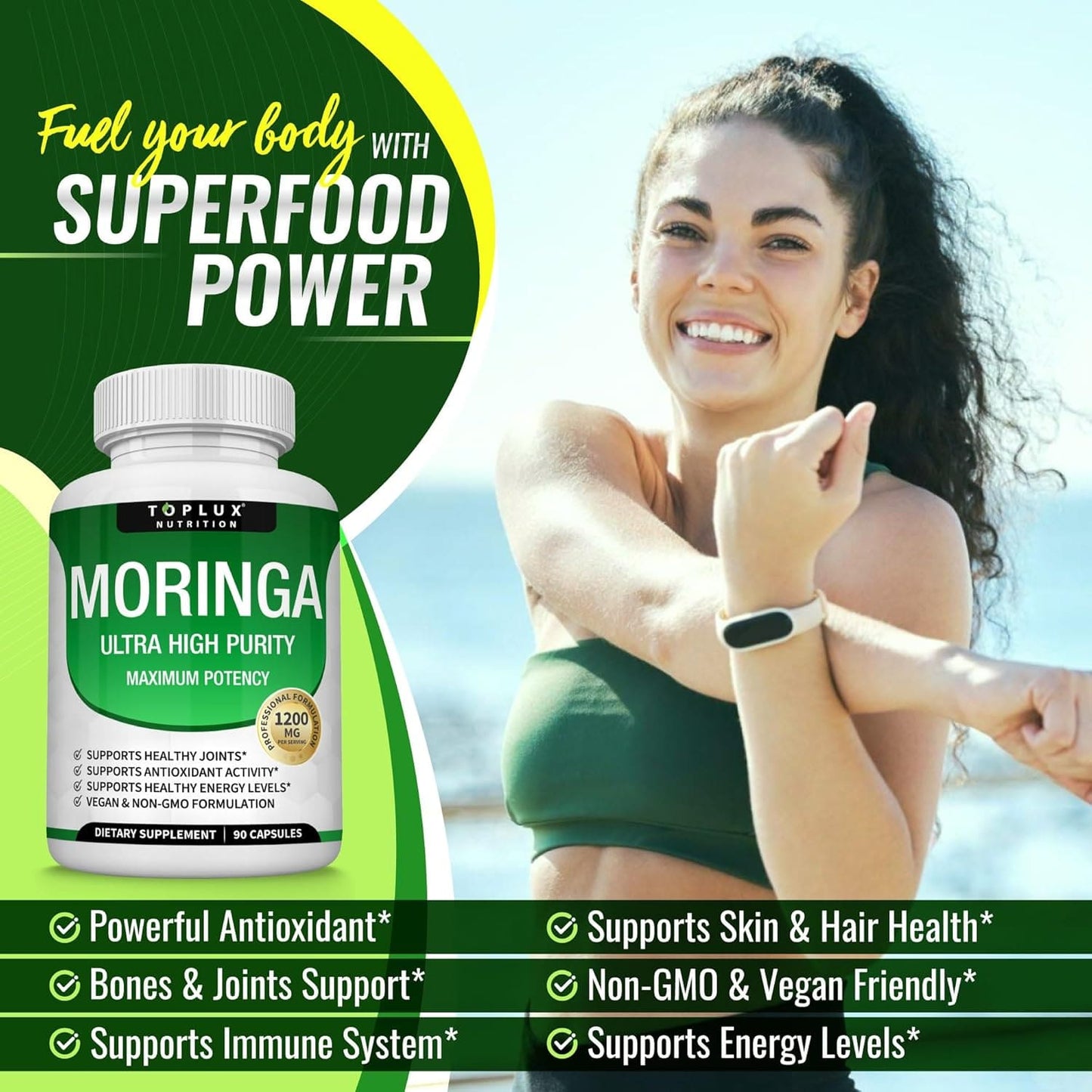 Moringa Capsules 1200mg - Pure Moringa Powder for Immune, Gut health 90 Capsules