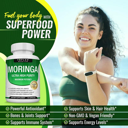 Moringa Capsules 1200mg - Pure Moringa Powder for Immune, Gut health 90 Capsules