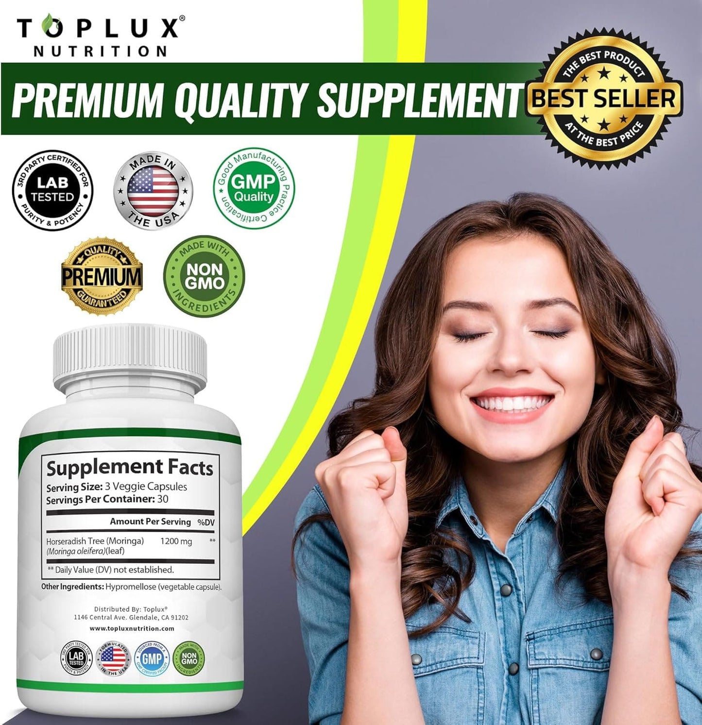 Moringa Capsules 1200mg - Pure Moringa Powder for Immune, Gut health 90 Capsules