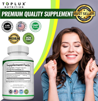 Moringa Capsules 1200mg - Pure Moringa Powder for Immune, Gut health 90 Capsules