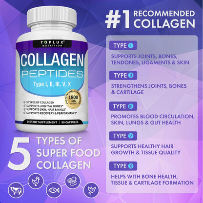 Collagen Peptides 5 Types Complex 1800mg US Made Dietary Supplement for Health Beauty Fitness 90 Capsules
