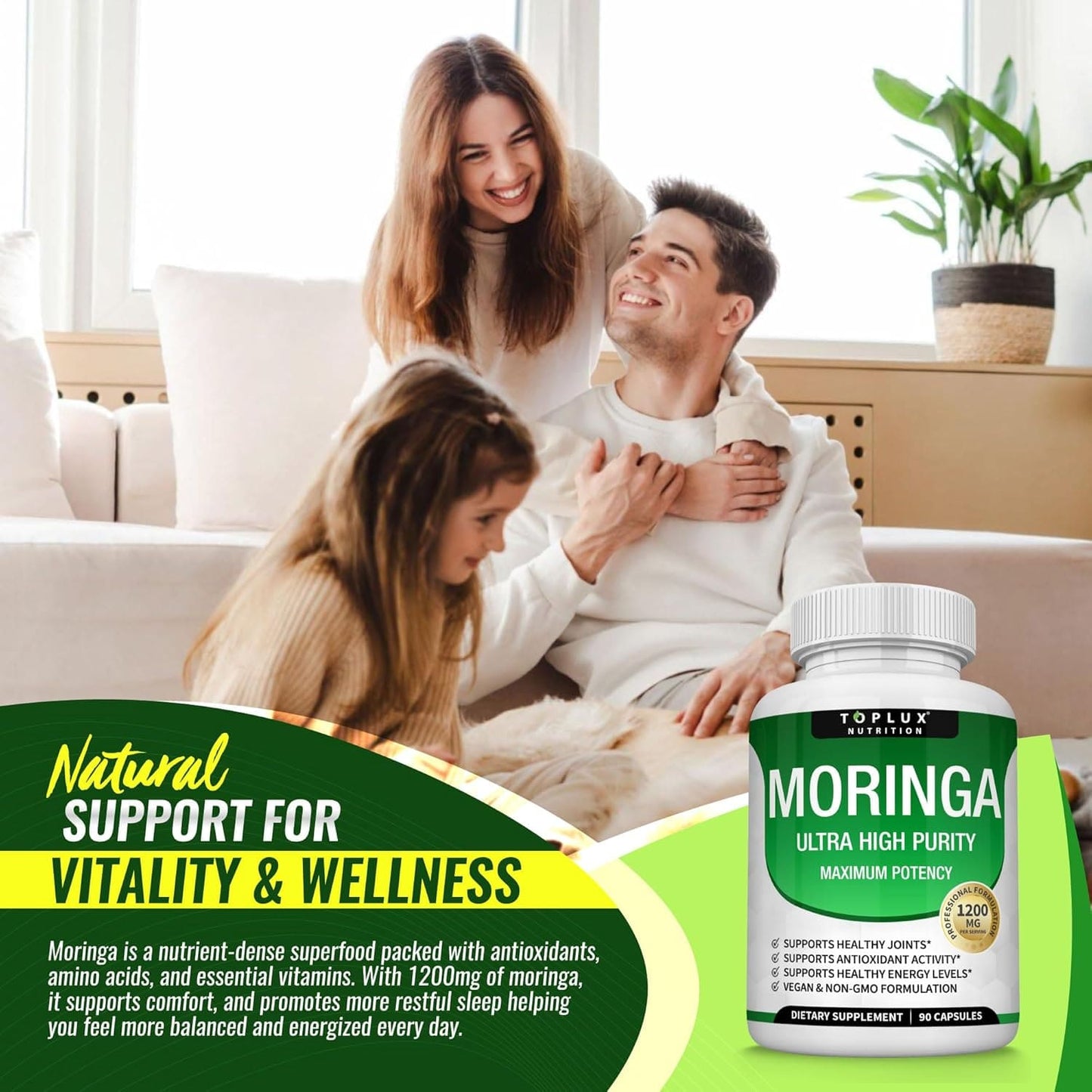 Moringa Capsules 1200mg - Pure Moringa Powder for Immune, Gut health 90 Capsules